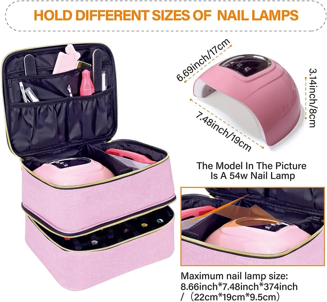 Nail Polish Organizer, Handheld Double Layer Organizer Holds 30 Bottles (15 ml/0.5 floz) with Adjustable Dividers for Nail Polish Small Manicure Lamp Manicure Tools Essential and Travel,Pink Gold