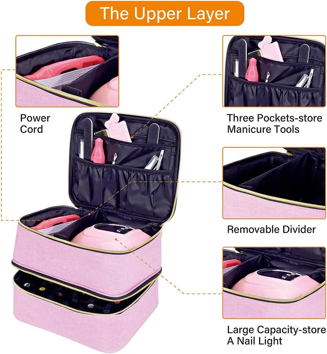 Nail Polish Organizer, Handheld Double Layer Organizer Holds 30 Bottles (15 ml/0.5 floz) with Adjustable Dividers for Nail Polish Small Manicure Lamp Manicure Tools Essential and Travel,Pink Gold