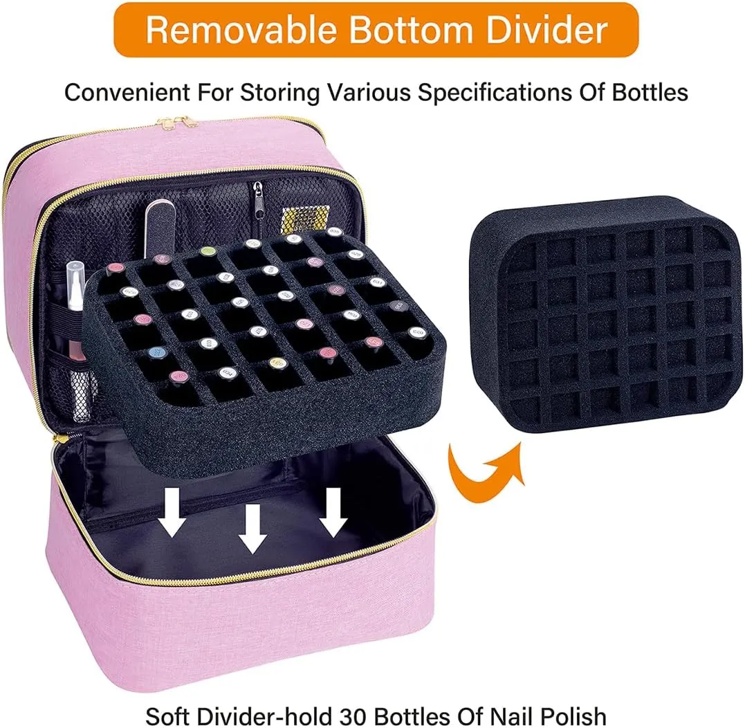 Nail Polish Organizer, Handheld Double Layer Organizer Holds 30 Bottles (15 ml/0.5 floz) with Adjustable Dividers for Nail Polish Small Manicure Lamp Manicure Tools Essential and Travel,Pink Gold