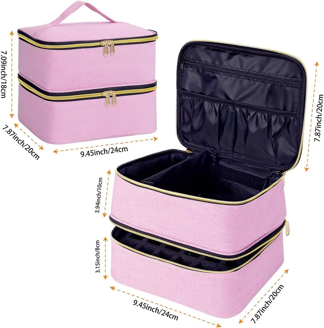 Nail Polish Organizer, Handheld Double Layer Organizer Holds 30 Bottles (15 ml/0.5 floz) with Adjustable Dividers for Nail Polish Small Manicure Lamp Manicure Tools Essential and Travel,Pink Gold