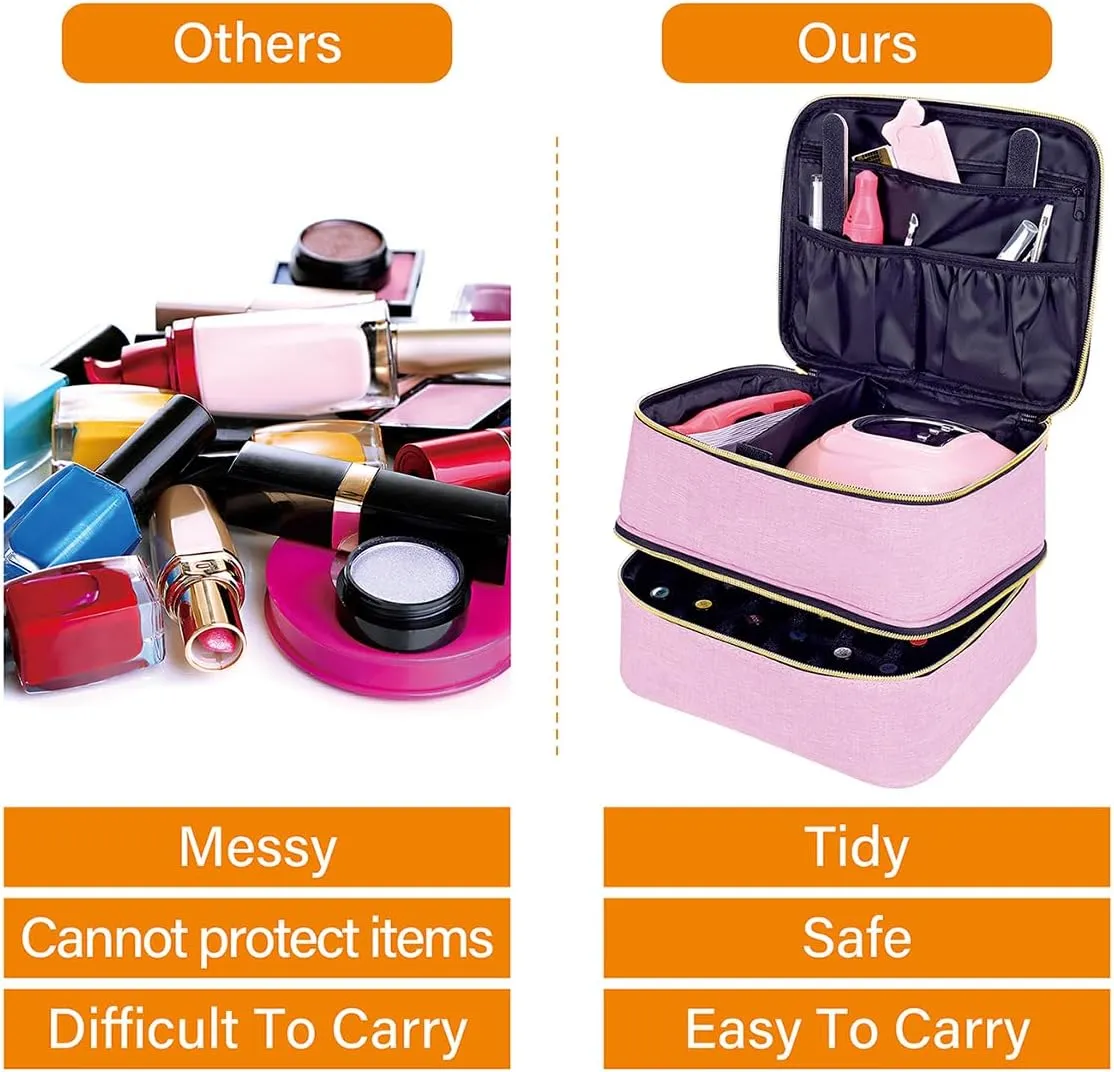 Nail Polish Organizer, Handheld Double Layer Organizer Holds 30 Bottles (15 ml/0.5 floz) with Adjustable Dividers for Nail Polish Small Manicure Lamp Manicure Tools Essential and Travel,Pink Gold