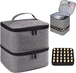 Nail Polish Organizer Holds 30 Bottles (15ml) and 1 Nail Light Nail Polish Carrying Case with Storage Pockets for Manicure Tools Double Layer Nail Polish Storage Travel Bag with Handle (A-Gray)