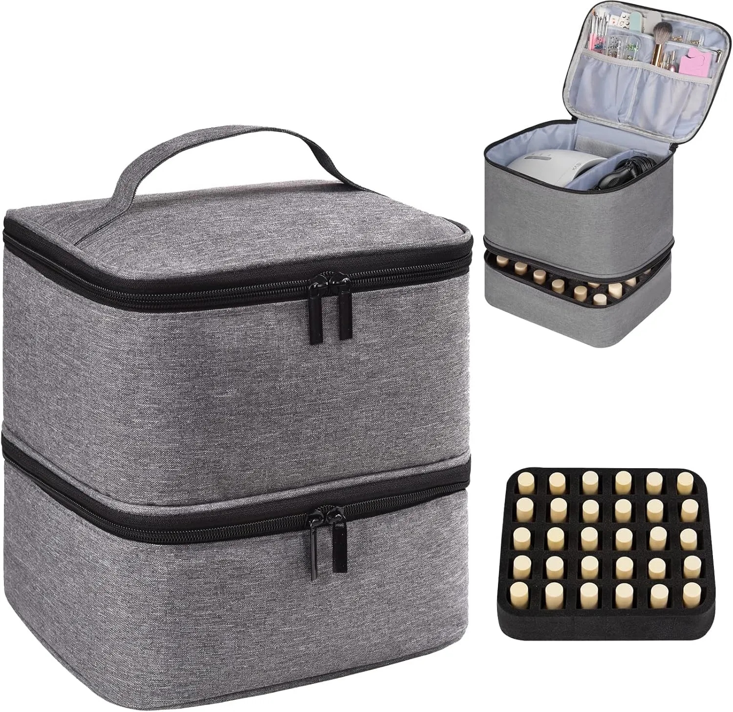 Nail Polish Organizer Holds 30 Bottles (15ml) and 1 Nail Light Nail Polish Carrying Case with Storage Pockets for Manicure Tools Double Layer Nail Polish Storage Travel Bag with Handle (A-Gray)