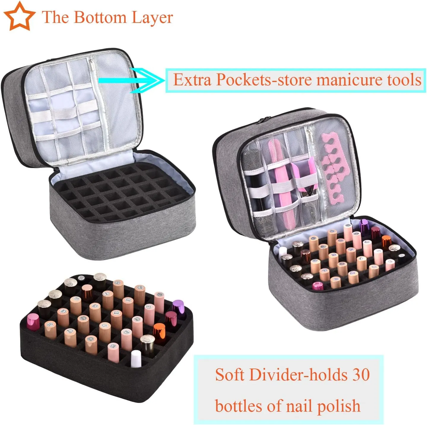 Nail Polish Organizer Holds 30 Bottles (15ml) and 1 Nail Light Nail Polish Carrying Case with Storage Pockets for Manicure Tools Double Layer Nail Polish Storage Travel Bag with Handle (A-Gray)