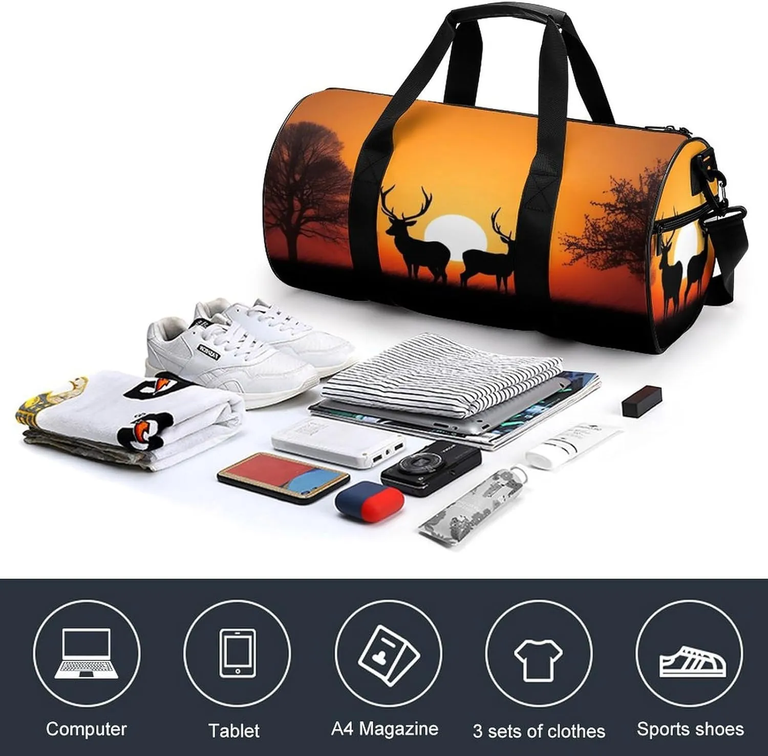 Nature Sunset Deer Gym Bag Small Travel Duffle Bag with Compartment Carry On Weekender Bag for Women Men