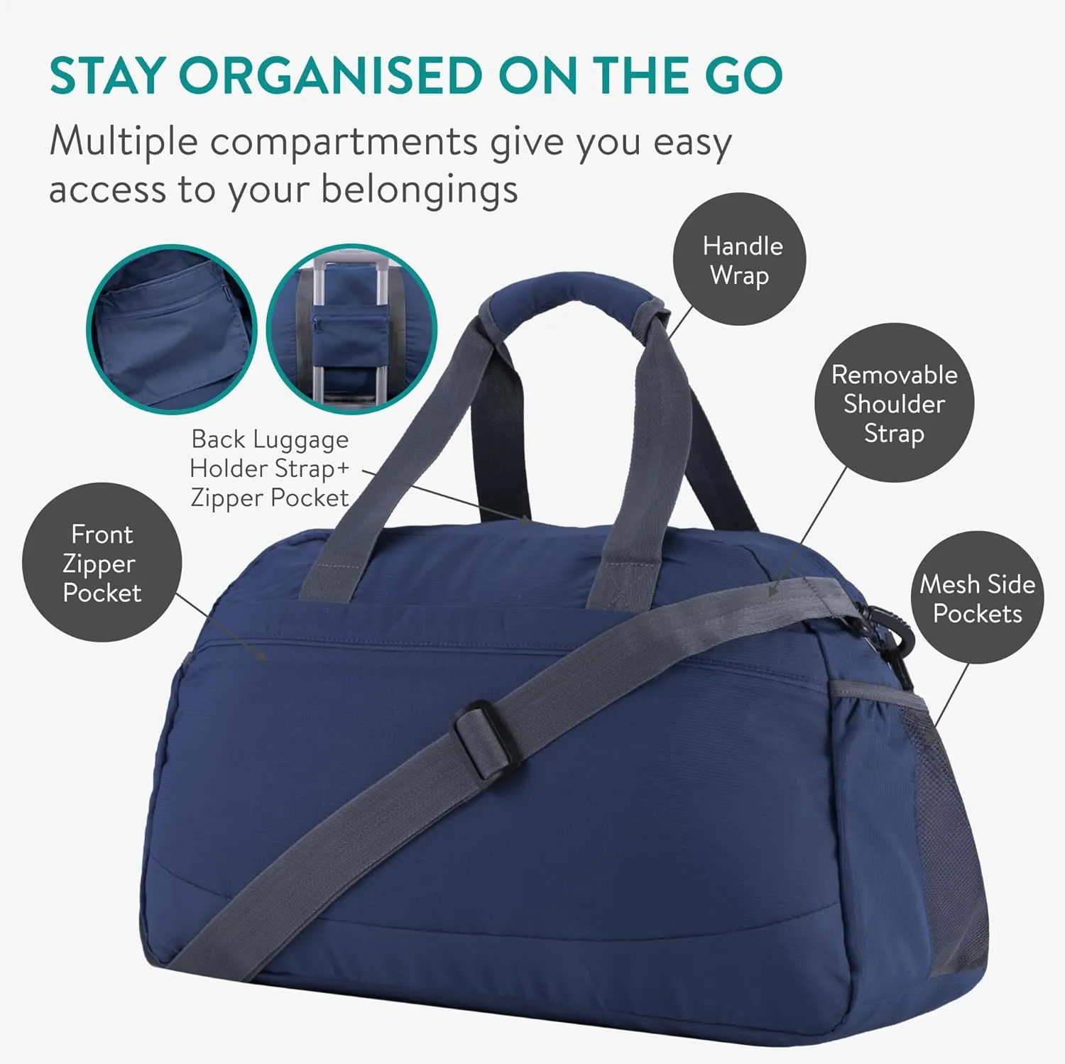 Navaris Travel Bag - Weekend Foldable Holdall - Airline Cabin & Underseat Luggage - Durable & Lightweight - Large Duffle Bags with Pockets & Adjustable Strap - 38L Capacity, Navy