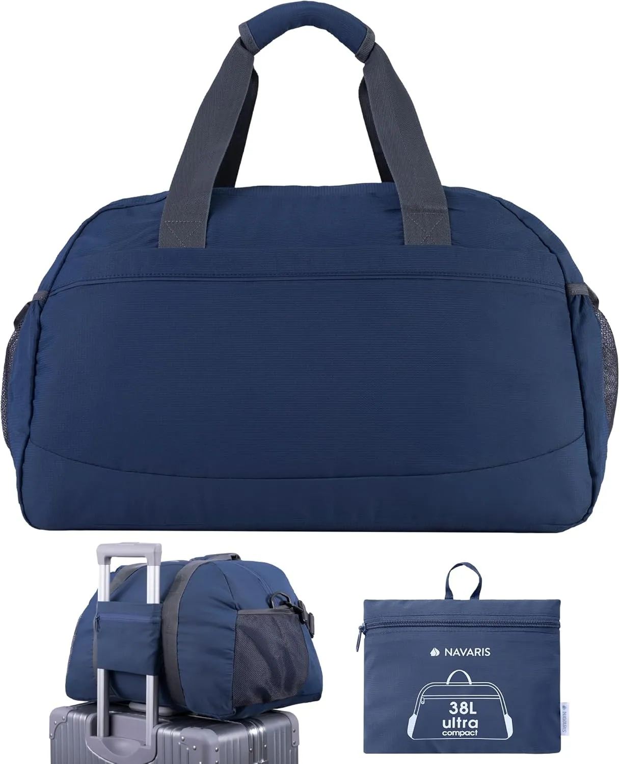 Navaris Travel Bag - Weekend Foldable Holdall - Airline Cabin & Underseat Luggage - Durable & Lightweight - Large Duffle Bags with Pockets & Adjustable Strap - 38L Capacity, Navy