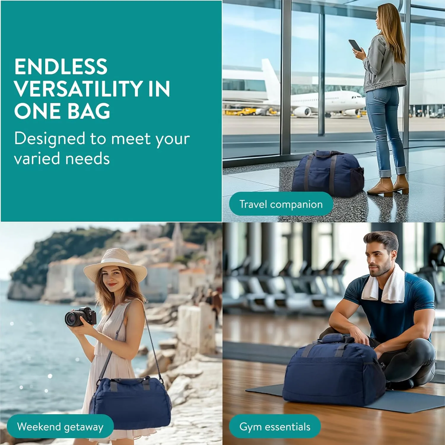 Navaris Travel Bag - Weekend Foldable Holdall - Airline Cabin & Underseat Luggage - Durable & Lightweight - Large Duffle Bags with Pockets & Adjustable Strap - 38L Capacity, Navy