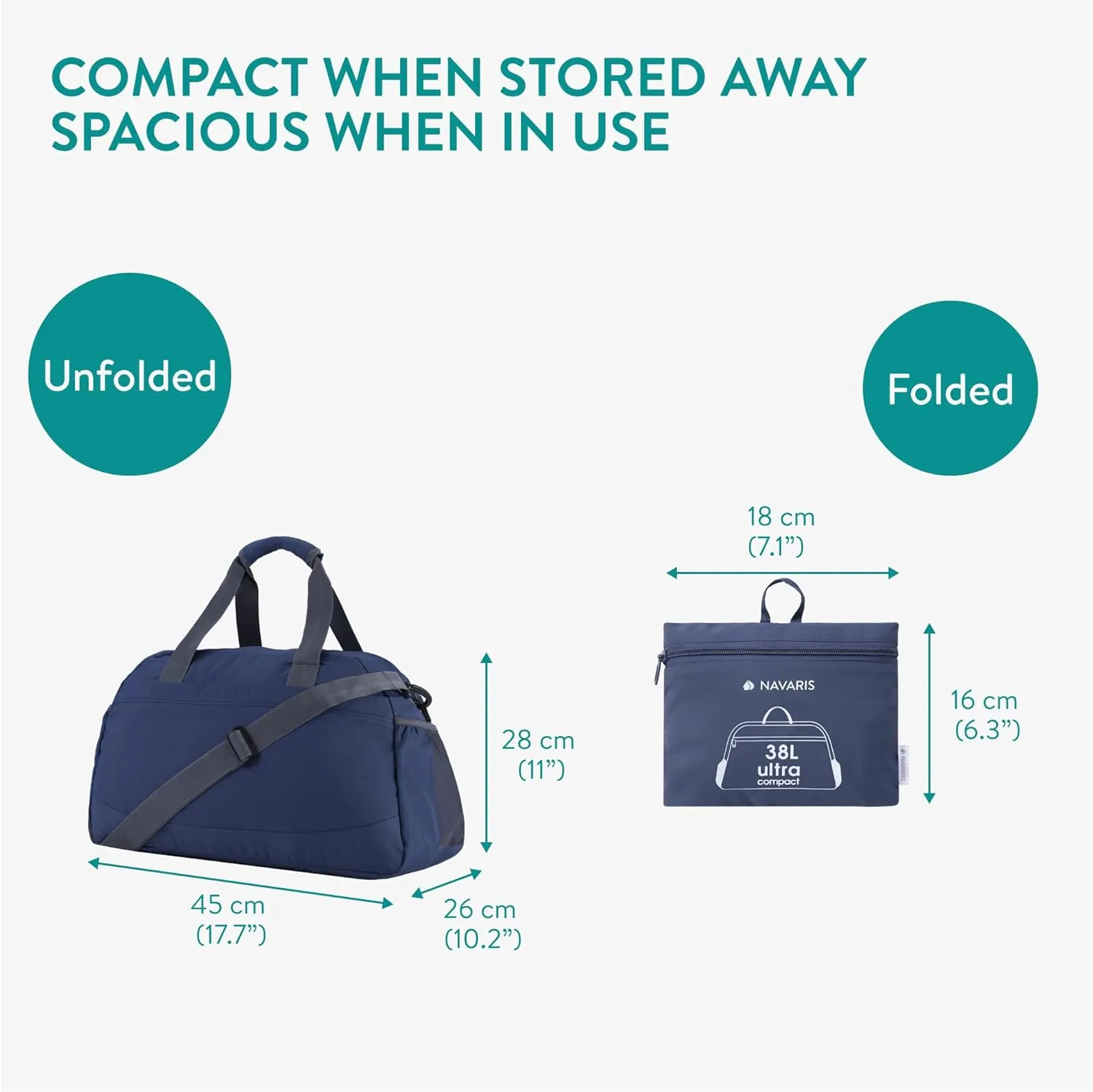 Navaris Travel Bag - Weekend Foldable Holdall - Airline Cabin & Underseat Luggage - Durable & Lightweight - Large Duffle Bags with Pockets & Adjustable Strap - 38L Capacity, Navy