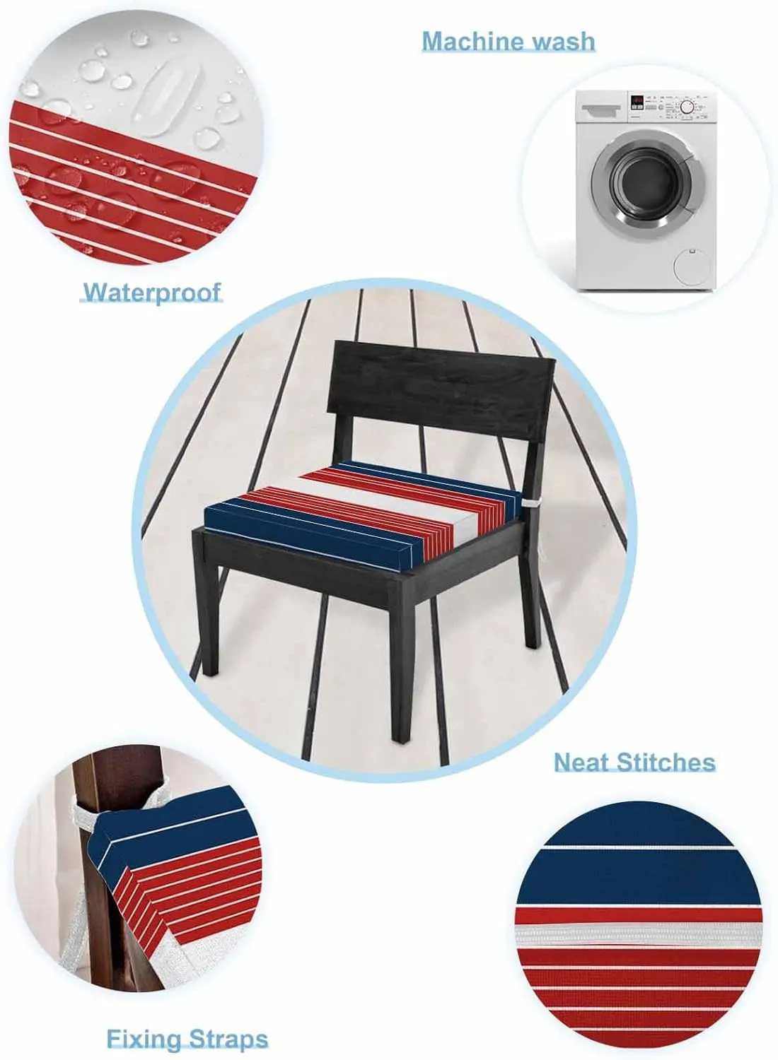 Navy Blue Red Stripe Outdoor Cushion Chair Cover Set of 4 - Waterproof Couch Seat Covers, Modern Art Horizontal Striped Patio Furniture Protector Cushions Slipcovers for Sofa/RV, 22"x22"x4"