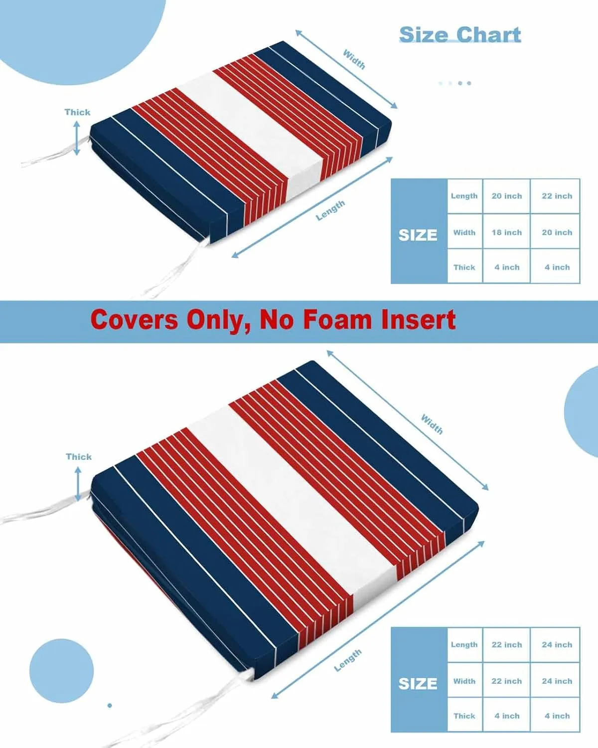 Navy Blue Red Stripe Outdoor Cushion Chair Cover Set of 4 - Waterproof Couch Seat Covers, Modern Art Horizontal Striped Patio Furniture Protector Cushions Slipcovers for Sofa/RV, 22"x22"x4"