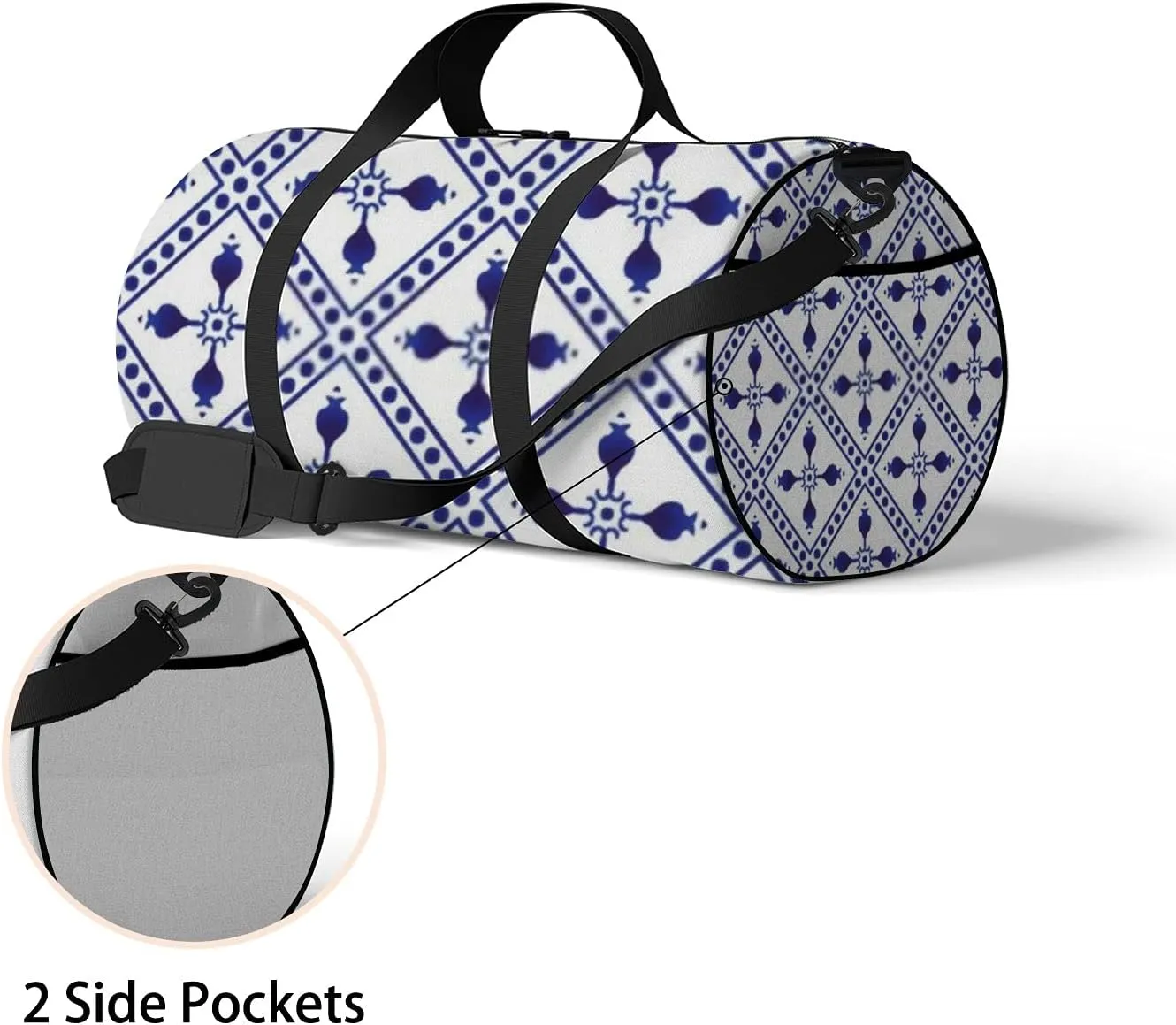 Navy Blue Retro Boho Decor Pattern Sports Bag Tote Bag Waterproof Gym Bag with Shoulder Strap Zipper 2 Side Pockets for Men and Women, Travel and Storage Shoulder Bag.