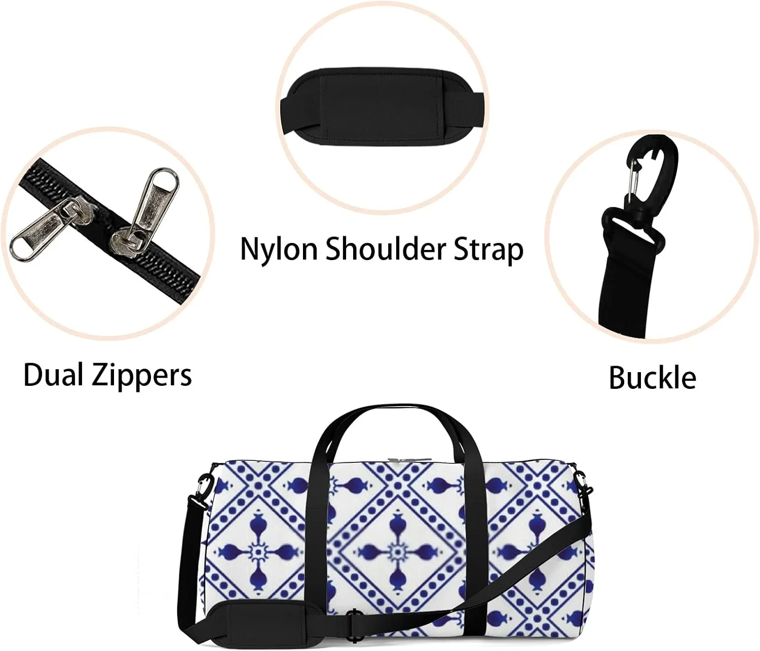 Navy Blue Retro Boho Decor Pattern Sports Bag Tote Bag Waterproof Gym Bag with Shoulder Strap Zipper 2 Side Pockets for Men and Women, Travel and Storage Shoulder Bag.