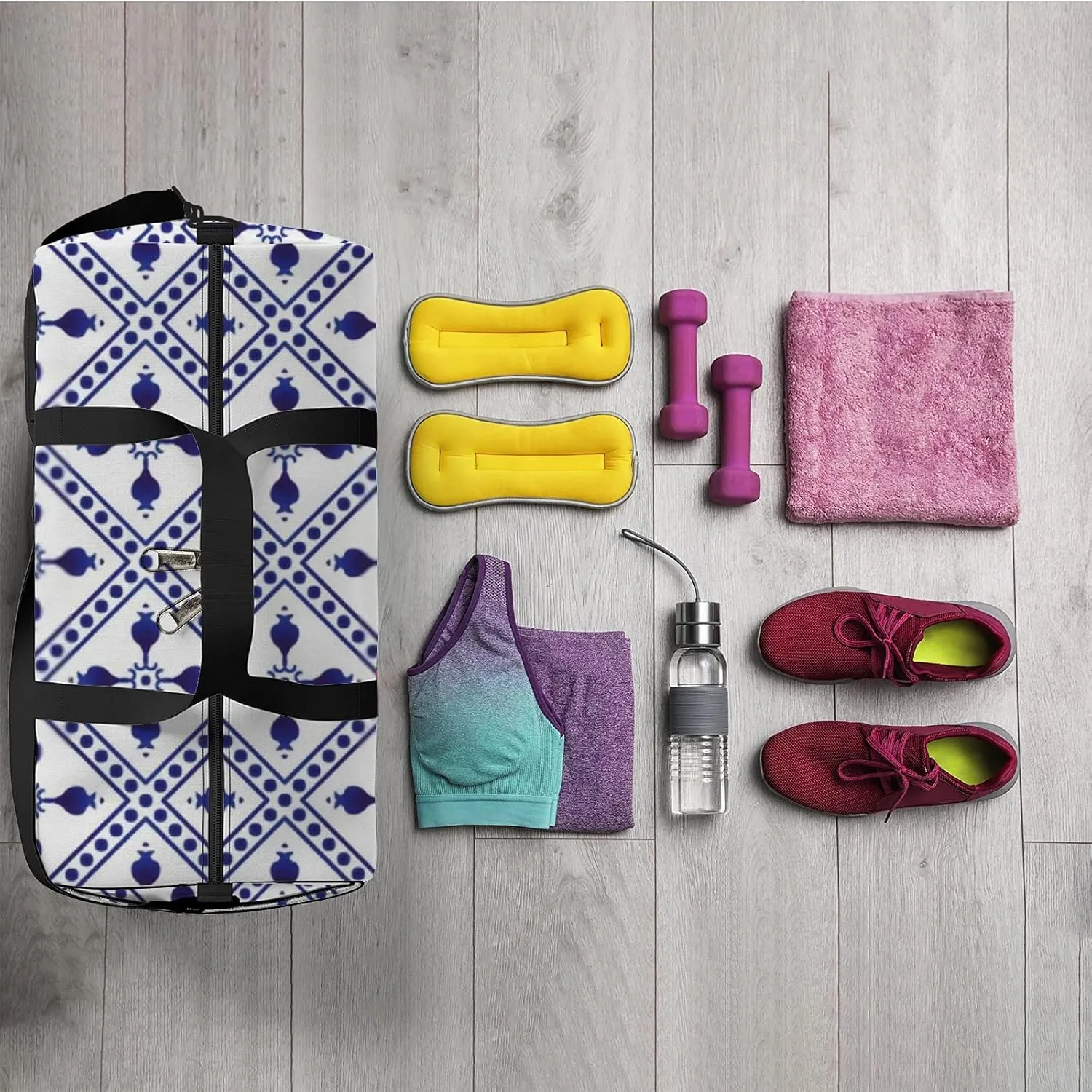 Navy Blue Retro Boho Decor Pattern Sports Bag Tote Bag Waterproof Gym Bag with Shoulder Strap Zipper 2 Side Pockets for Men and Women, Travel and Storage Shoulder Bag.