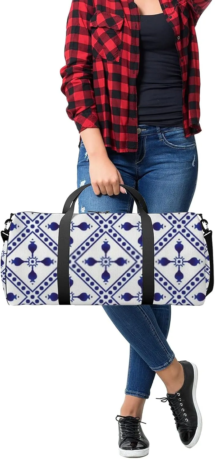Navy Blue Retro Boho Decor Pattern Sports Bag Tote Bag Waterproof Gym Bag with Shoulder Strap Zipper 2 Side Pockets for Men and Women, Travel and Storage Shoulder Bag.
