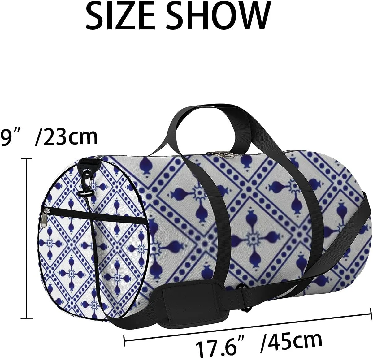 Navy Blue Retro Boho Decor Pattern Sports Bag Tote Bag Waterproof Gym Bag with Shoulder Strap Zipper 2 Side Pockets for Men and Women, Travel and Storage Shoulder Bag.