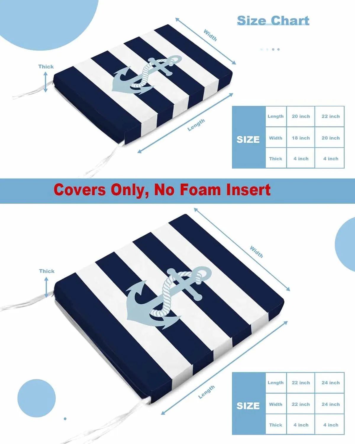 Navy Blue Stripe Nautical Outdoor Cushion Chair Cover Set of 2 - Waterproof Couch Seat Covers, Aqua Anchor Summer Coastal Patio Furniture Protector Cushions Slipcovers for Sofa/RV, 20"x18"x4"