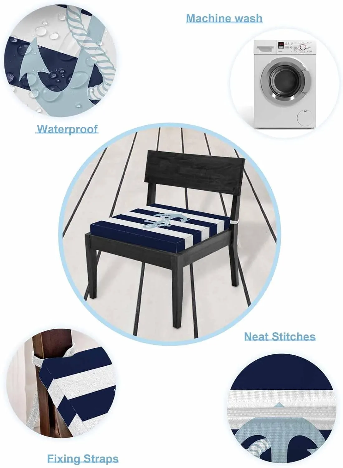 Navy Blue Stripe Nautical Outdoor Cushion Chair Cover Set of 2 - Waterproof Couch Seat Covers, Aqua Anchor Summer Coastal Patio Furniture Protector Cushions Slipcovers for Sofa/RV, 20"x18"x4"