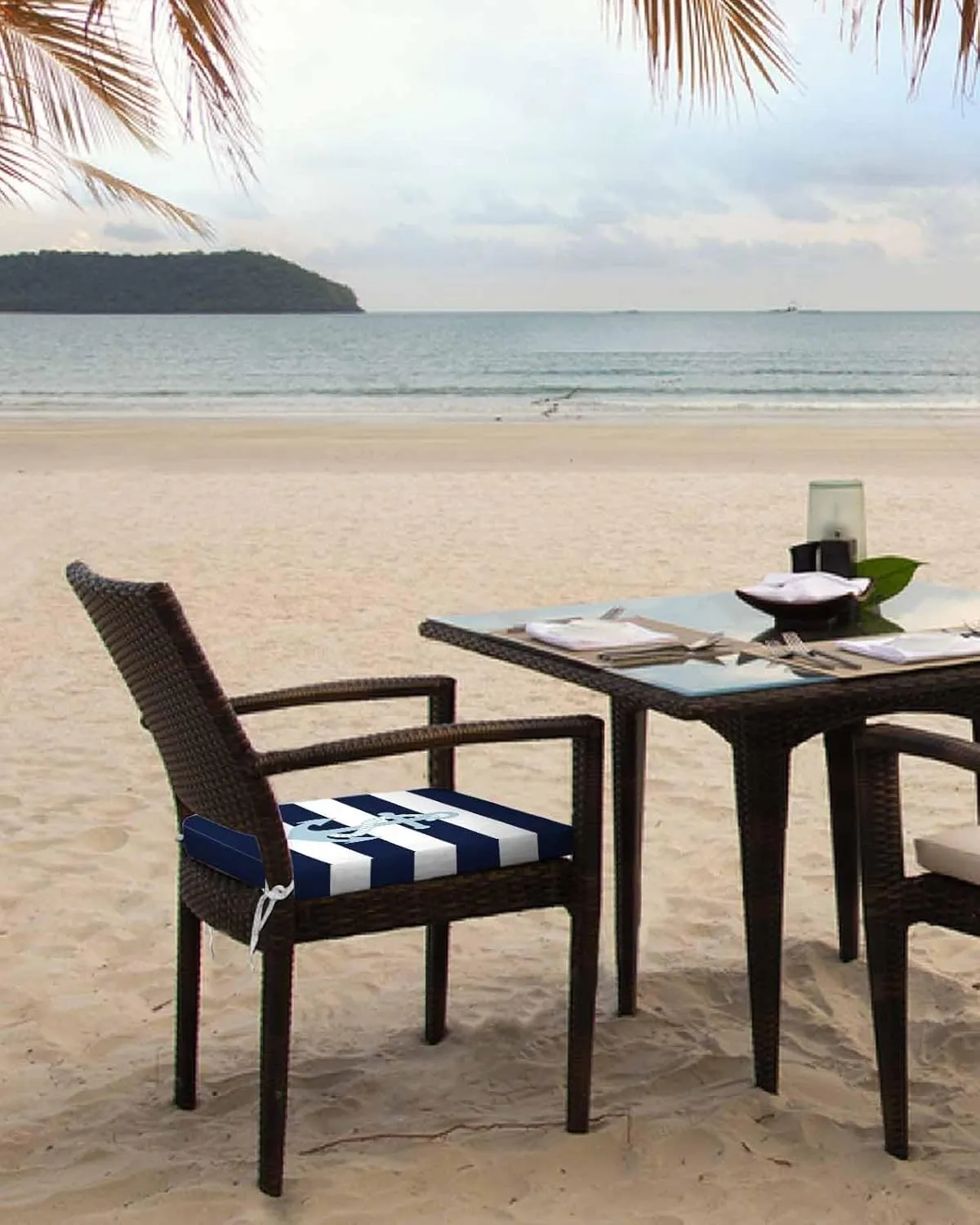 Navy Blue Stripe Nautical Outdoor Cushion Chair Cover Set of 2 - Waterproof Couch Seat Covers, Aqua Anchor Summer Coastal Patio Furniture Protector Cushions Slipcovers for Sofa/RV, 20"x18"x4"