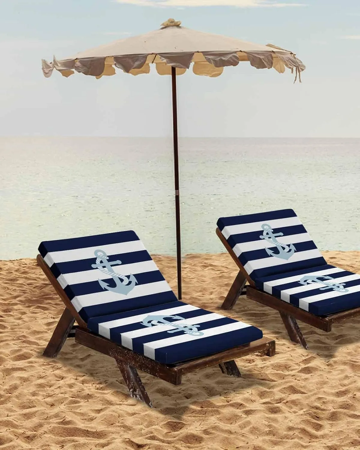 Navy Blue Stripe Nautical Outdoor Cushion Chair Cover Set of 2 - Waterproof Couch Seat Covers, Aqua Anchor Summer Coastal Patio Furniture Protector Cushions Slipcovers for Sofa/RV, 20"x18"x4"