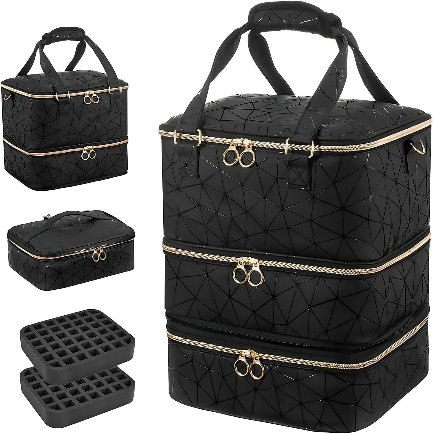 NCONCO Nail Polish Organizer, 3 Layers PU Leather Nail Polish Bag Holds 84 Bottles (15ml/0.5 fl.oz) with Handle & Detachable Shoulder Strap for Personal & Salon Use