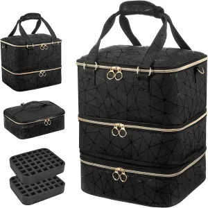 NCONCO Nail Polish Organizer, 3 Layers PU Leather Nail Polish Bag Holds 84 Bottles (15ml/0.5 fl.oz) with Handle & Detachable Shoulder Strap for Personal & Salon Use