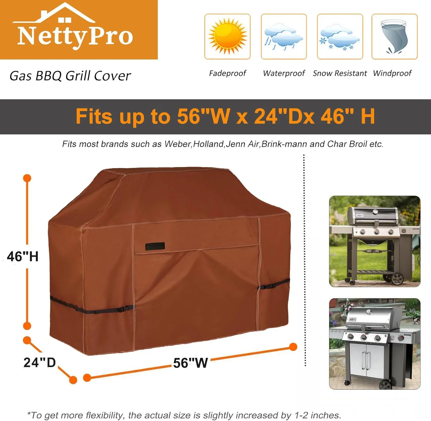 NettyPro BBQ Grill Cover 56 Inch Outdoor Patio 600D Heavy Duty Waterproof 2-3 Burner Barbecue Cover for Weber, Char-Broil, Brinkmann, Nexgrill Grills and More, Brown