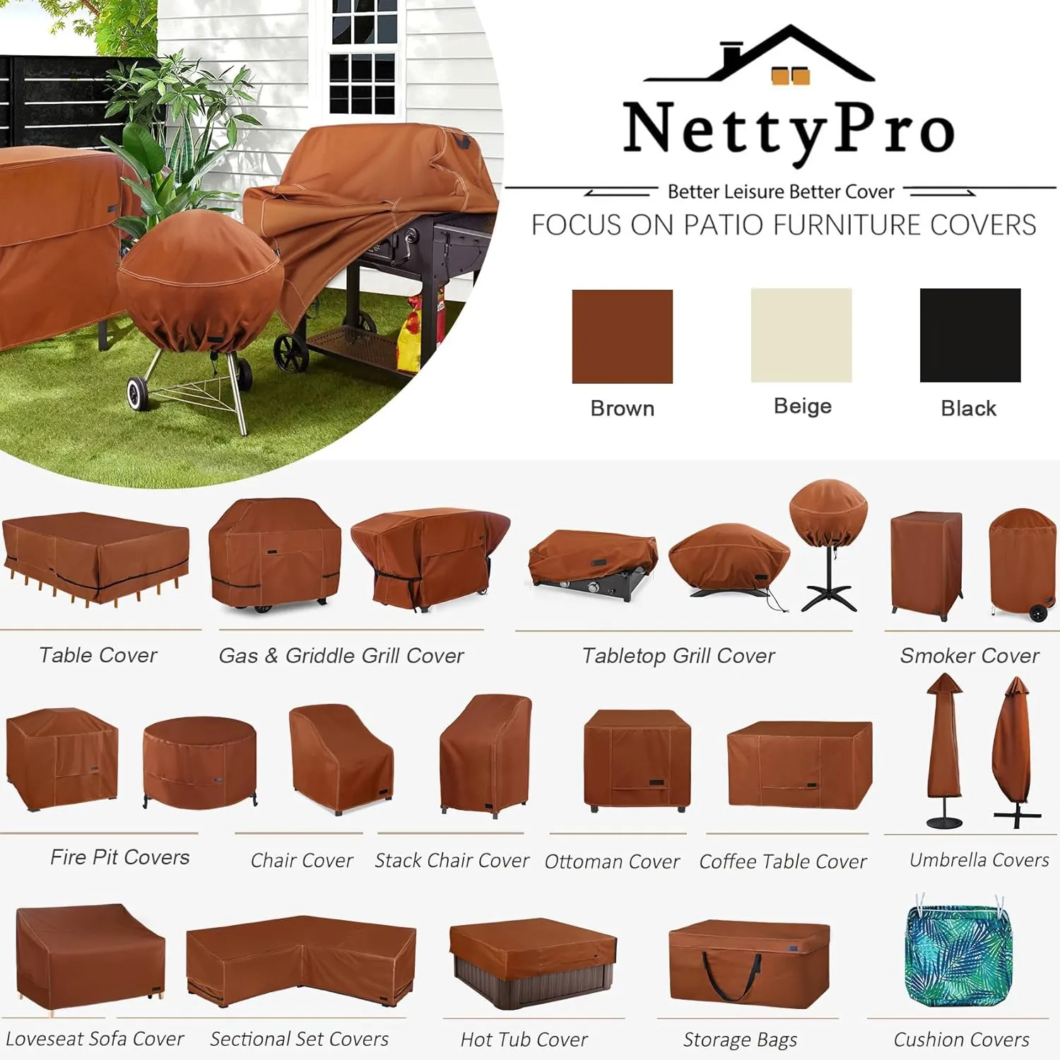 NettyPro BBQ Grill Cover 56 Inch Outdoor Patio 600D Heavy Duty Waterproof 2-3 Burner Barbecue Cover for Weber, Char-Broil, Brinkmann, Nexgrill Grills and More, Brown