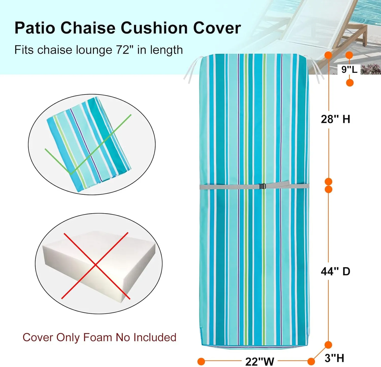 NettyPro Outdoor Patio Chaise Lounge Chair Cushion Covers with Zipper and Tie, Water Repellent UV Resistant, 72 x 22 x 3 Inch, Replacement Slip Cover Only, Stripes Turquoise