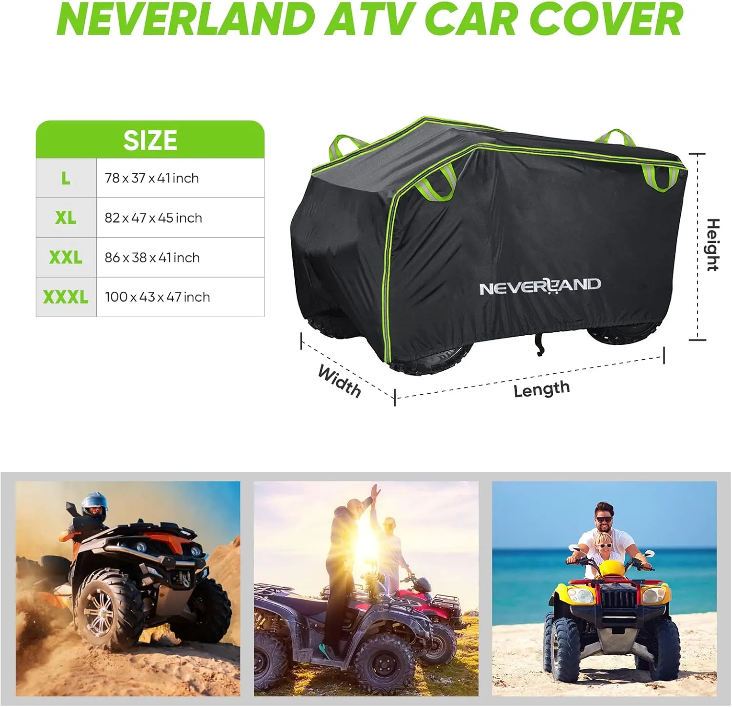 NEVERLAND ATV Cover, Waterproof Heavy Duty 4 Wheeler Cover with Buckle, Dustproof Anti UV Windproof All Weather Outdoor Storage Quad Cover for Polaris Sportsman Yamaha Honda Coleman XXL