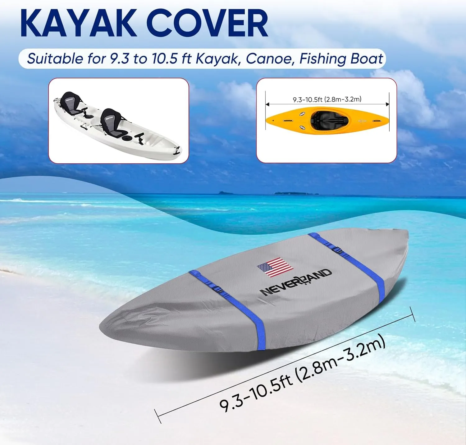 NEVERLAND Kayak Cover 9.3 to 10.5 Feet Waterproof Heavy Duty Kayak Covers for Outdoor and Indoor Storage Kayak UV and Dust Resistant Protection Gray