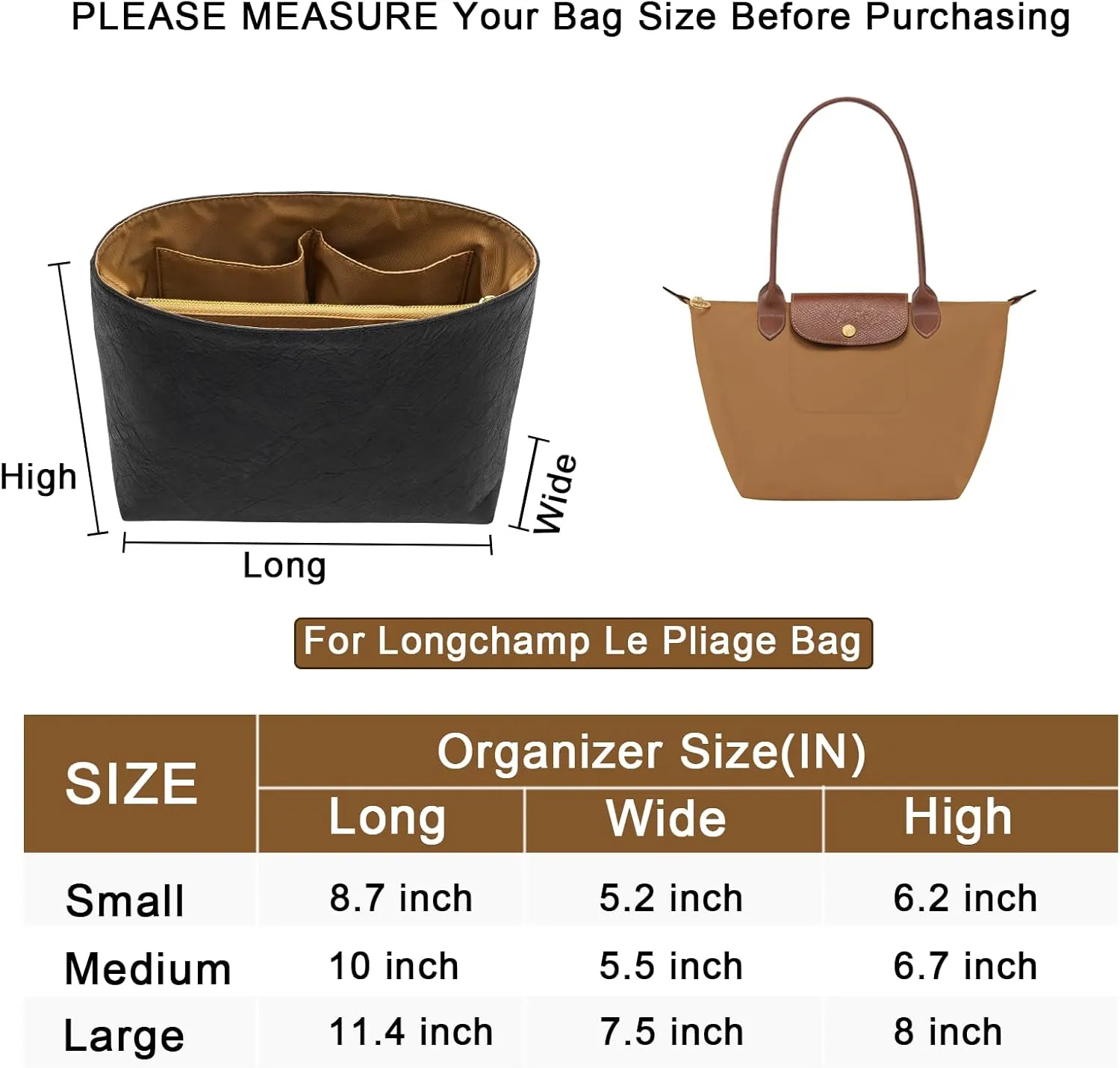 New Dupont Paper Purse Organizer Insert for Longchamp Le Pliage L Handbag Insert (Black&Brown, Large)