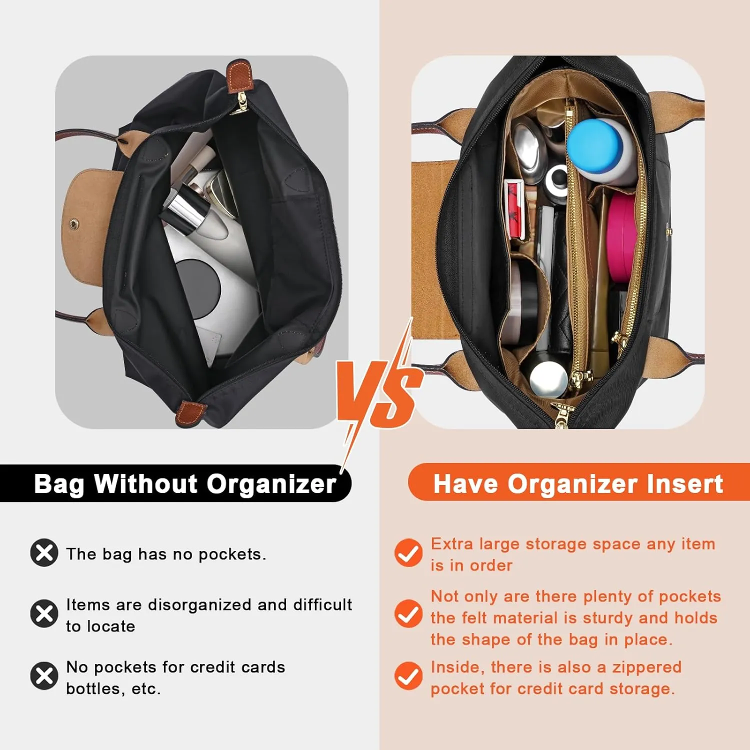 New Dupont Paper Purse Organizer Insert for Longchamp Le Pliage L Handbag Insert (Black&Brown, Large)