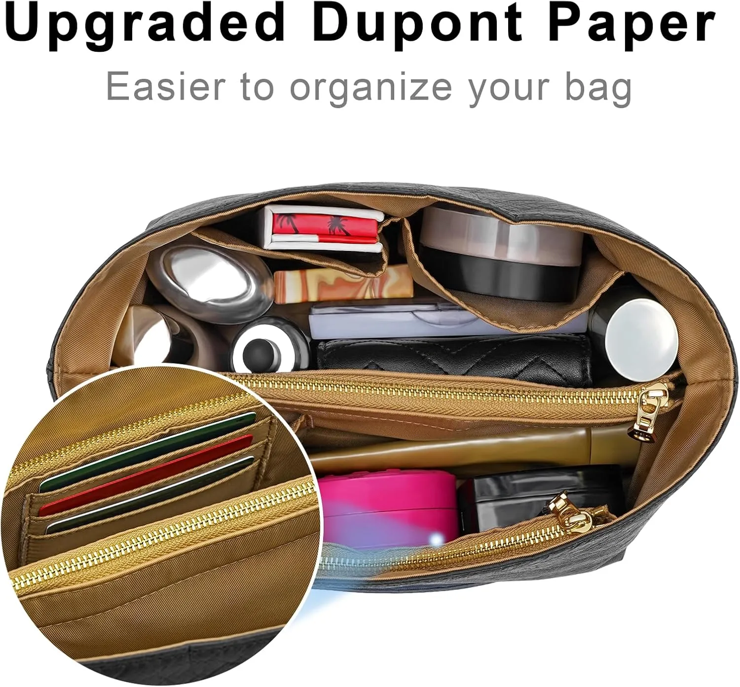 New Dupont Paper Purse Organizer Insert for Longchamp Le Pliage L Handbag Insert (Black&Brown, Large)