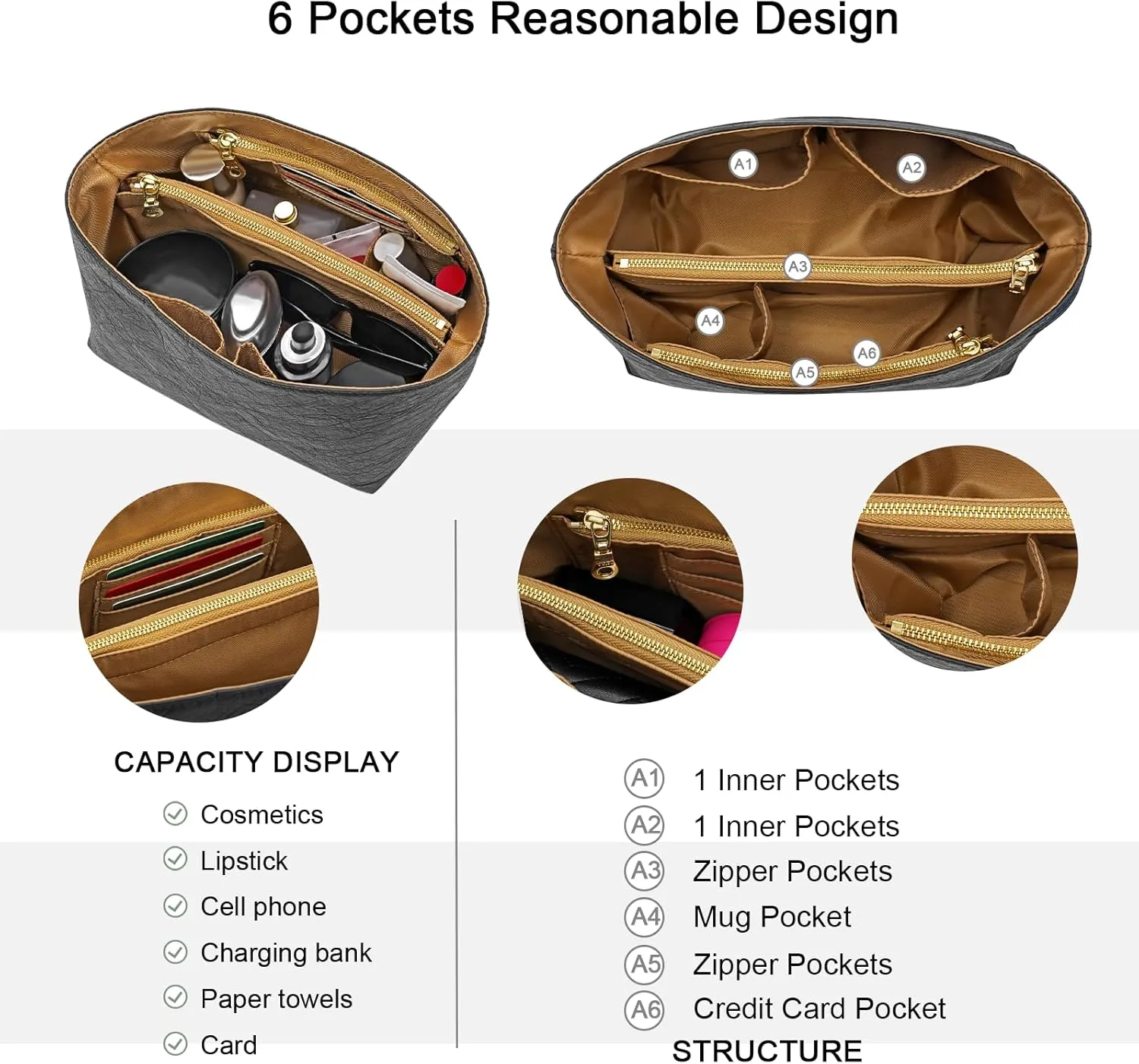 New Dupont Paper Purse Organizer Insert for Longchamp Le Pliage L Handbag Insert (Black&Brown, Large)