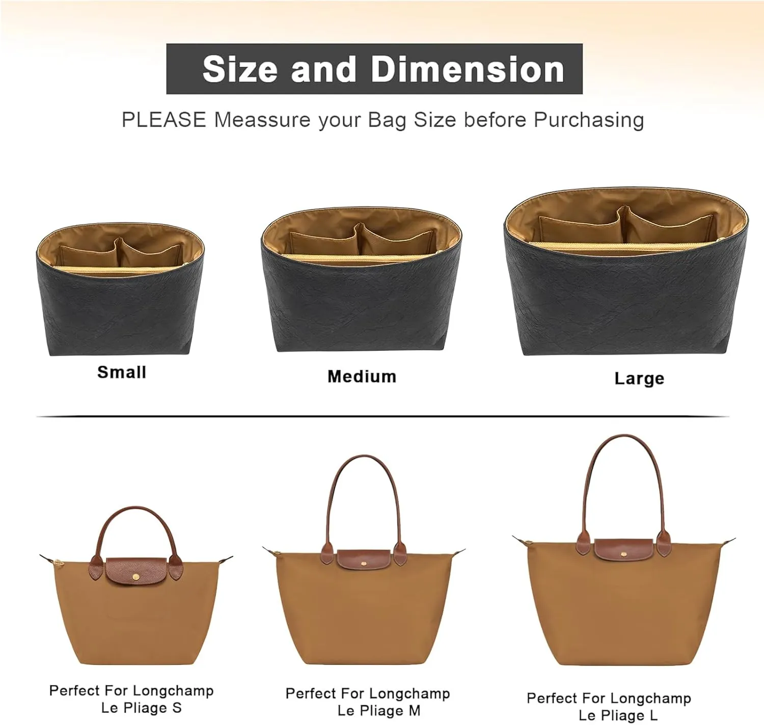 New Dupont Paper Purse Organizer Insert for Longchamp Le Pliage L Handbag Insert (Black&Brown, Large)