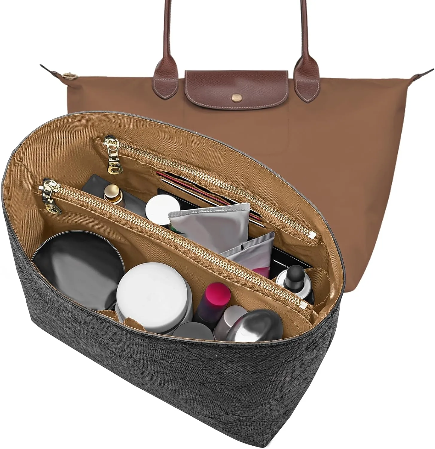 New Dupont Paper Purse Organizer Insert for Longchamp Le Pliage L Handbag Insert (Black&Brown, Large)