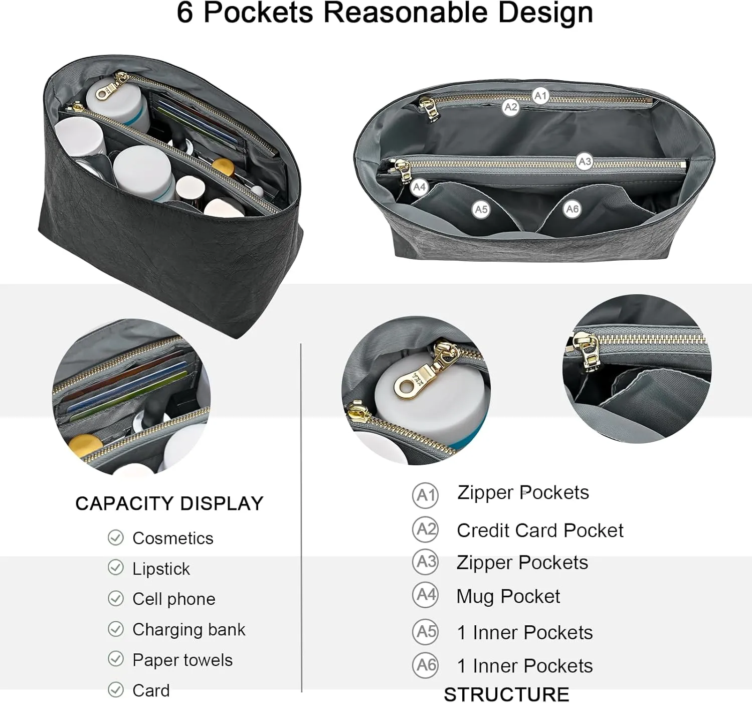New Dupont Paper Purse Organizer Insert for Longchamp Le Pliage L Handbag Insert (Gray, Large)