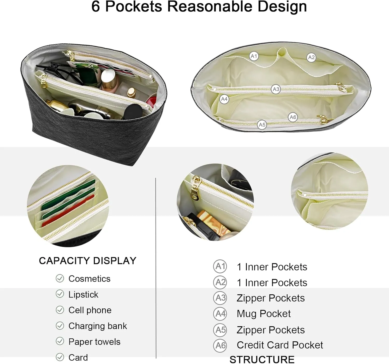 New Dupont Paper Purse Organizer Insert for Longchamp Le Pliage M Handbag Insert (Black&White, Medium)
