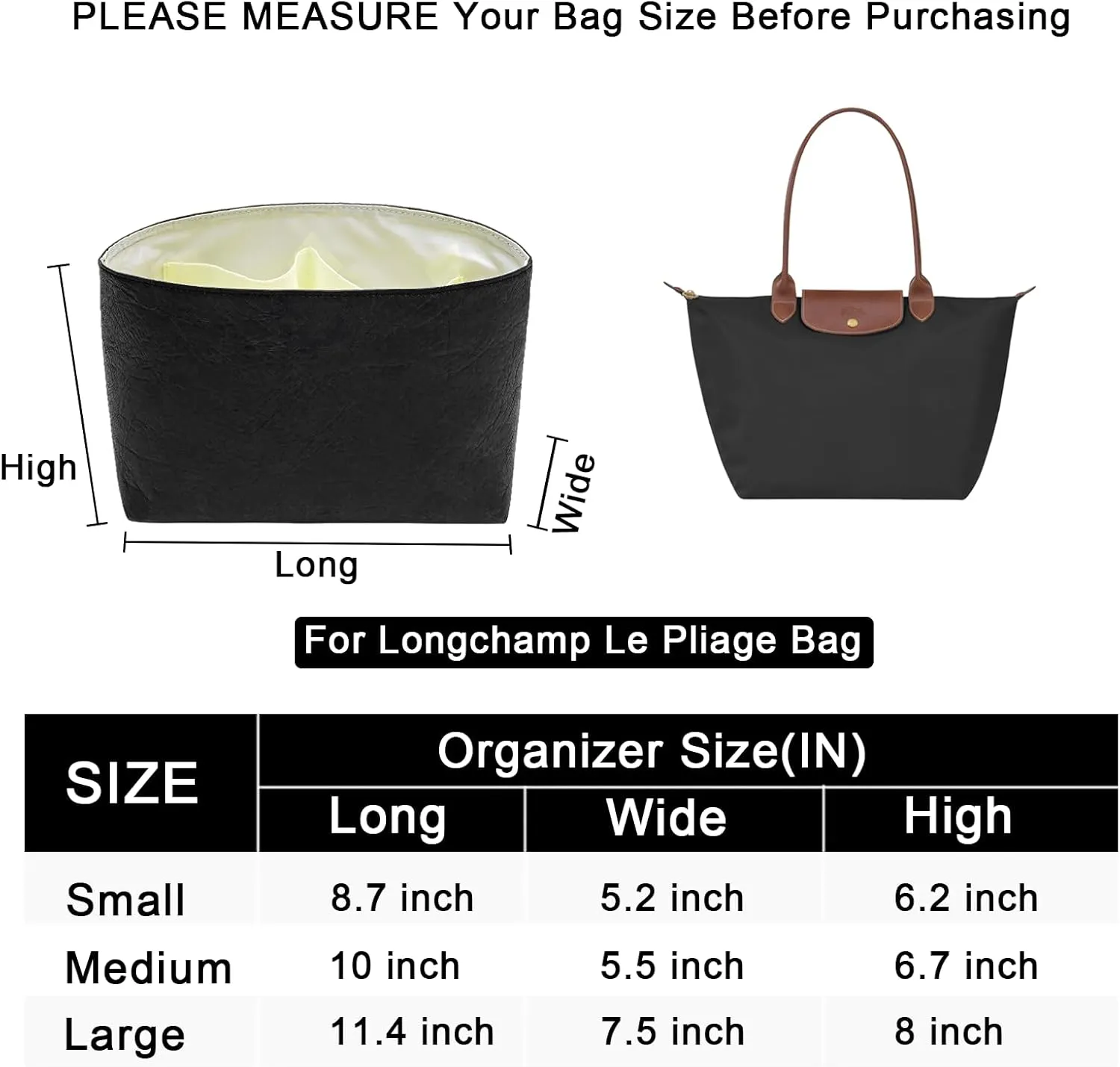 New Dupont Paper Purse Organizer Insert for Longchamp Le Pliage M Handbag Insert (Black&White, Medium)