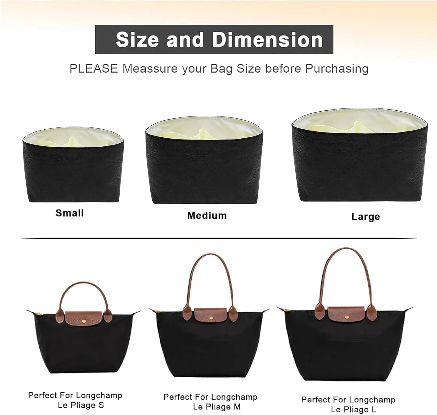 New Dupont Paper Purse Organizer Insert for Longchamp Le Pliage M Handbag Insert (Black&White, Medium)