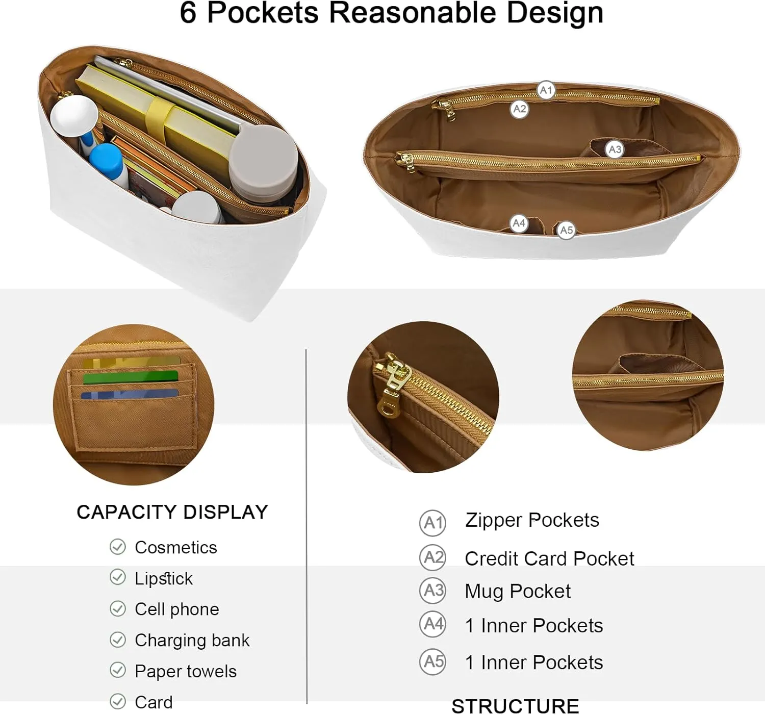 New Dupont Paper Purse Organizer Insert for Longchamp Le Pliage M Handbag Insert (White&Brown, Medium)