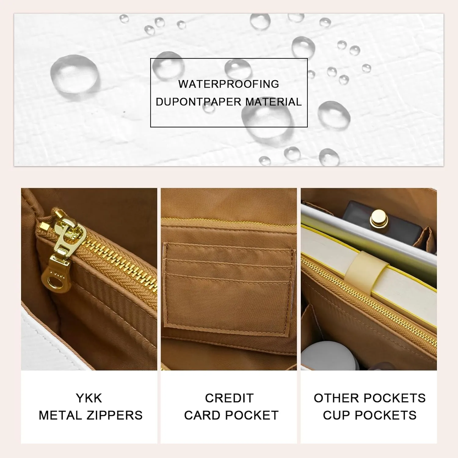 New Dupont Paper Purse Organizer Insert for Longchamp Le Pliage M Handbag Insert (White&Brown, Medium)