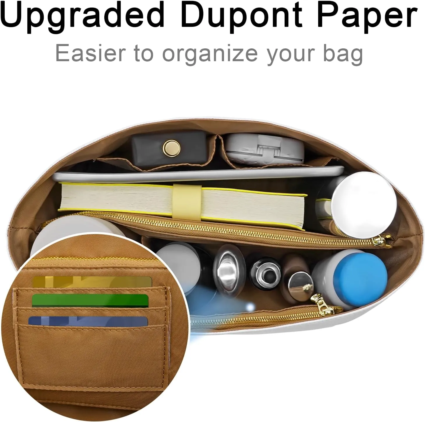 New Dupont Paper Purse Organizer Insert for Longchamp Le Pliage M Handbag Insert (White&Brown, Medium)