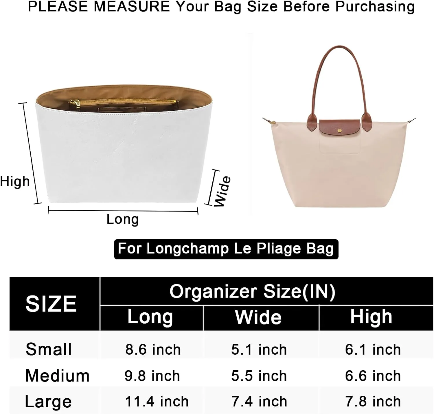 New Dupont Paper Purse Organizer Insert for Longchamp Le Pliage M Handbag Insert (White&Brown, Medium)