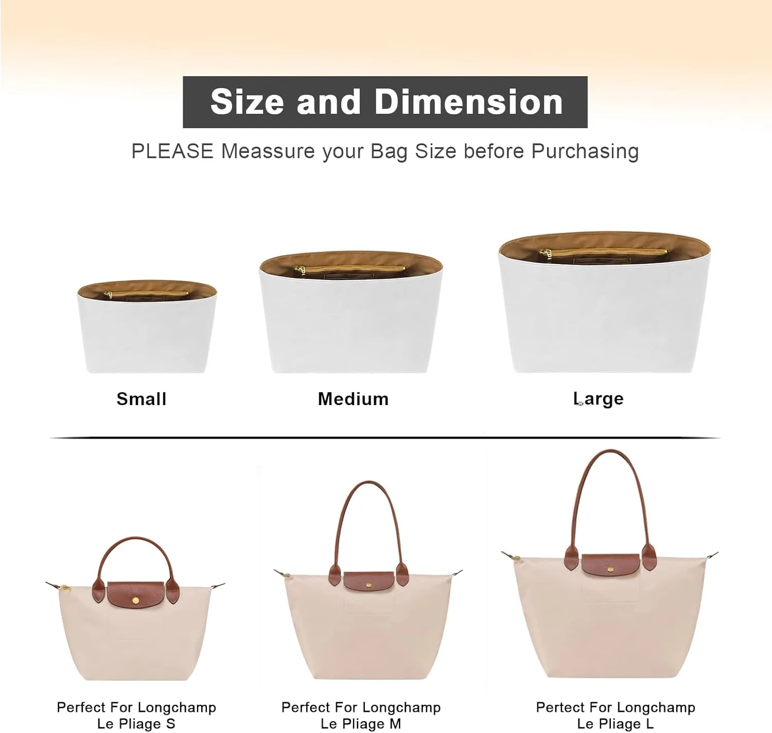 New Dupont Paper Purse Organizer Insert for Longchamp Le Pliage M Handbag Insert (White&Brown, Medium)