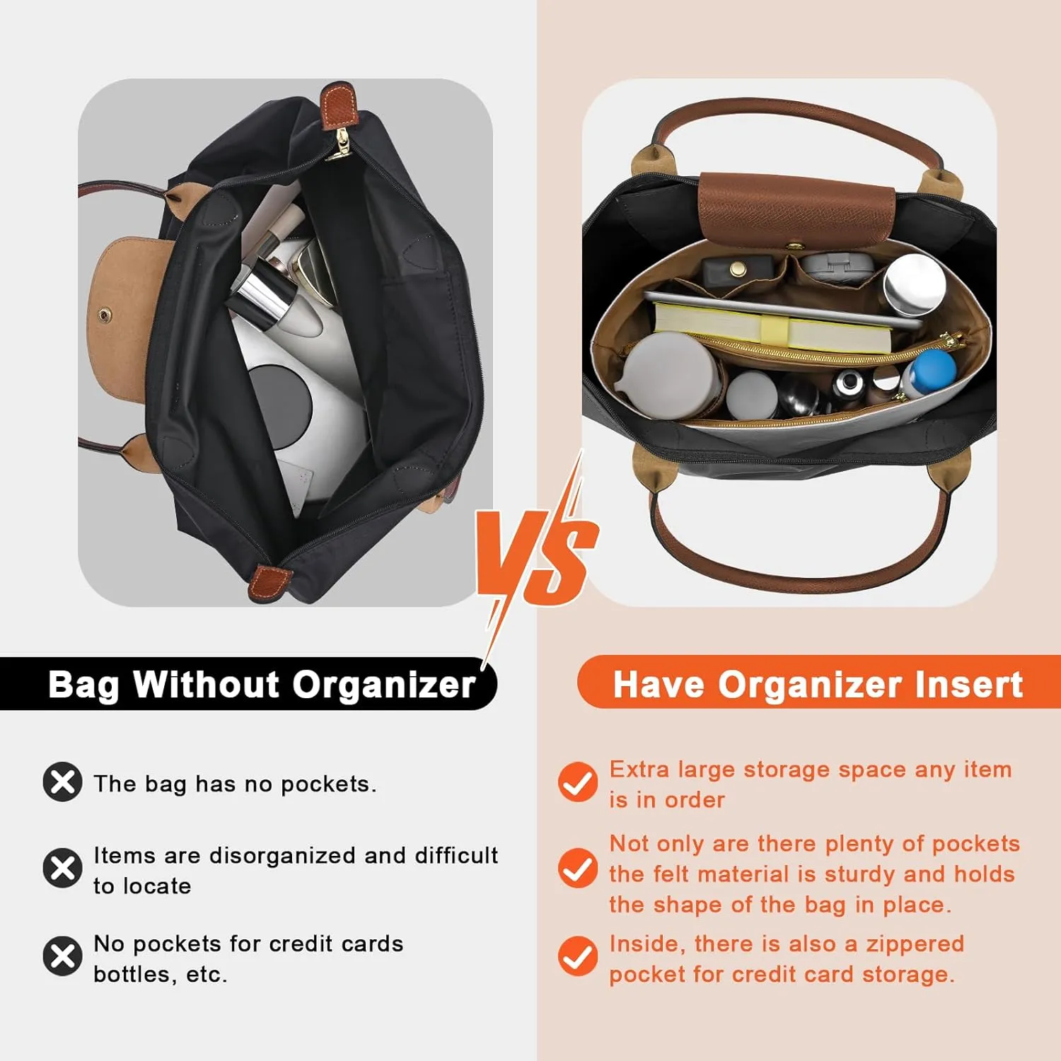 New Dupont Paper Purse Organizer Insert for Longchamp Le Pliage M Handbag Insert (White&Brown, Medium)