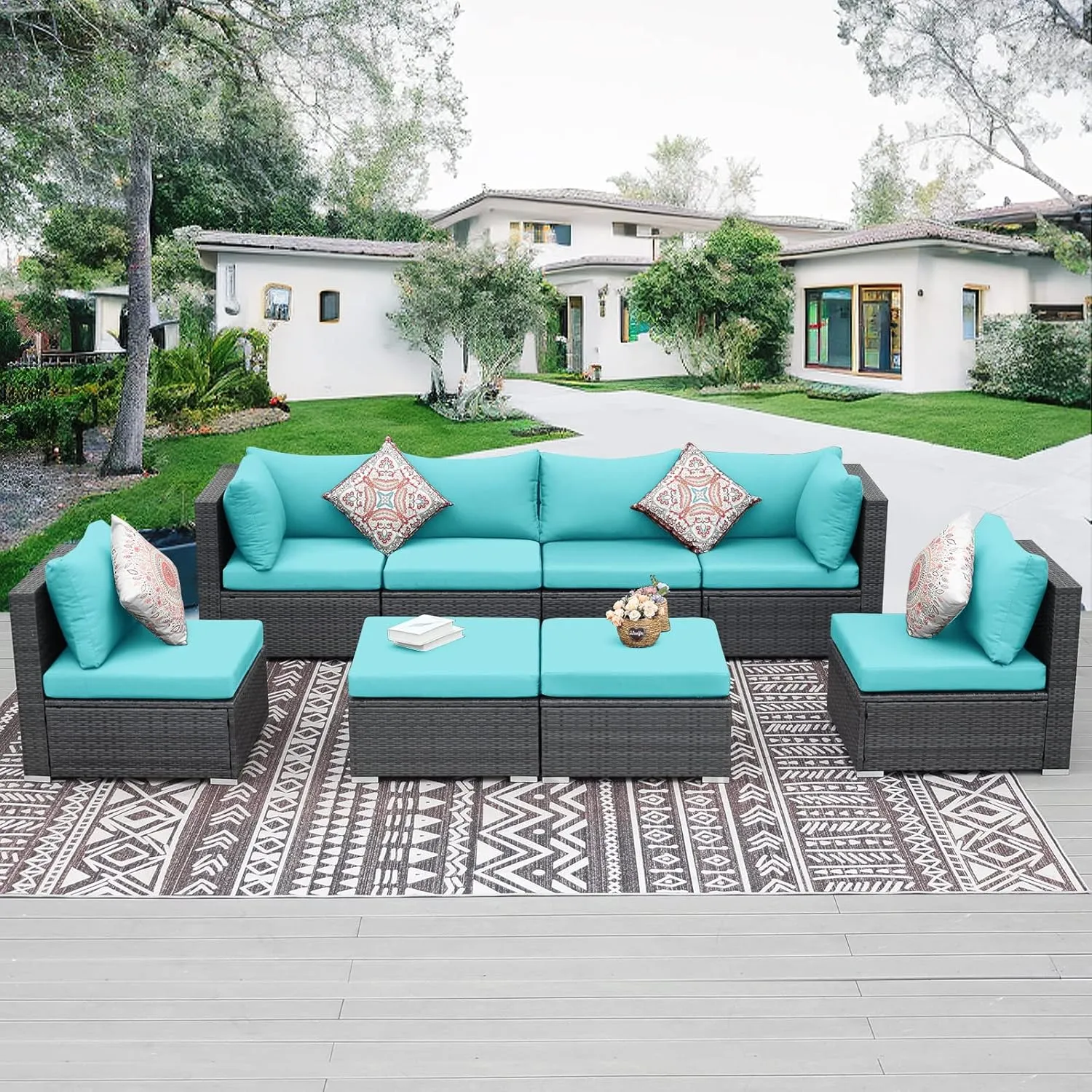 NICESOUL 14-Piece 27“x27 Outdoor Patio Cushion Cover, Olefin Fade/UV-Resistant Sectional Sofa Replacement Cover with Zipper, Deep Seated Slipcovers for Backyard Furniture, Machine Washable, Turquoise