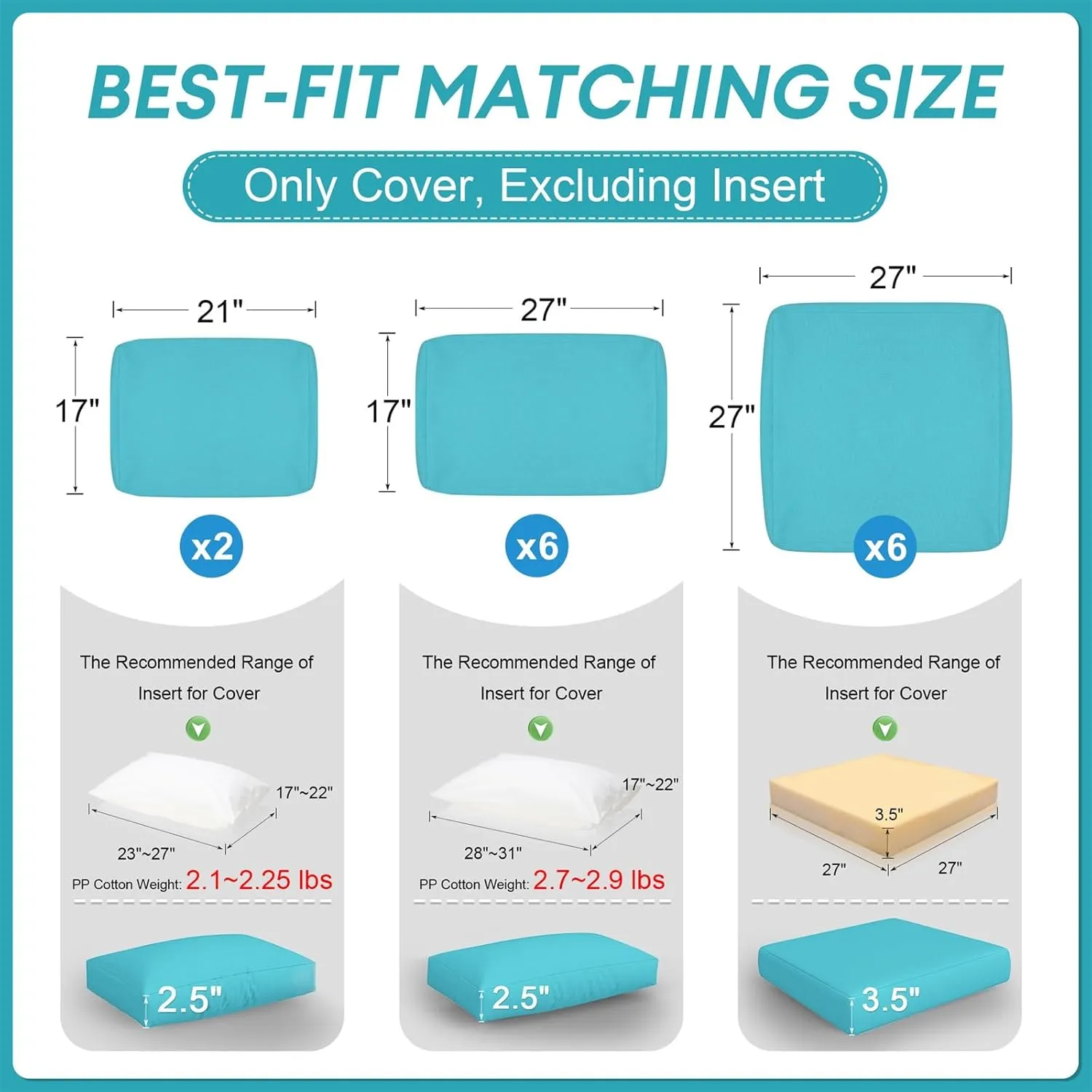 NICESOUL 14-Piece 27“x27 Outdoor Patio Cushion Cover, Olefin Fade/UV-Resistant Sectional Sofa Replacement Cover with Zipper, Deep Seated Slipcovers for Backyard Furniture, Machine Washable, Turquoise