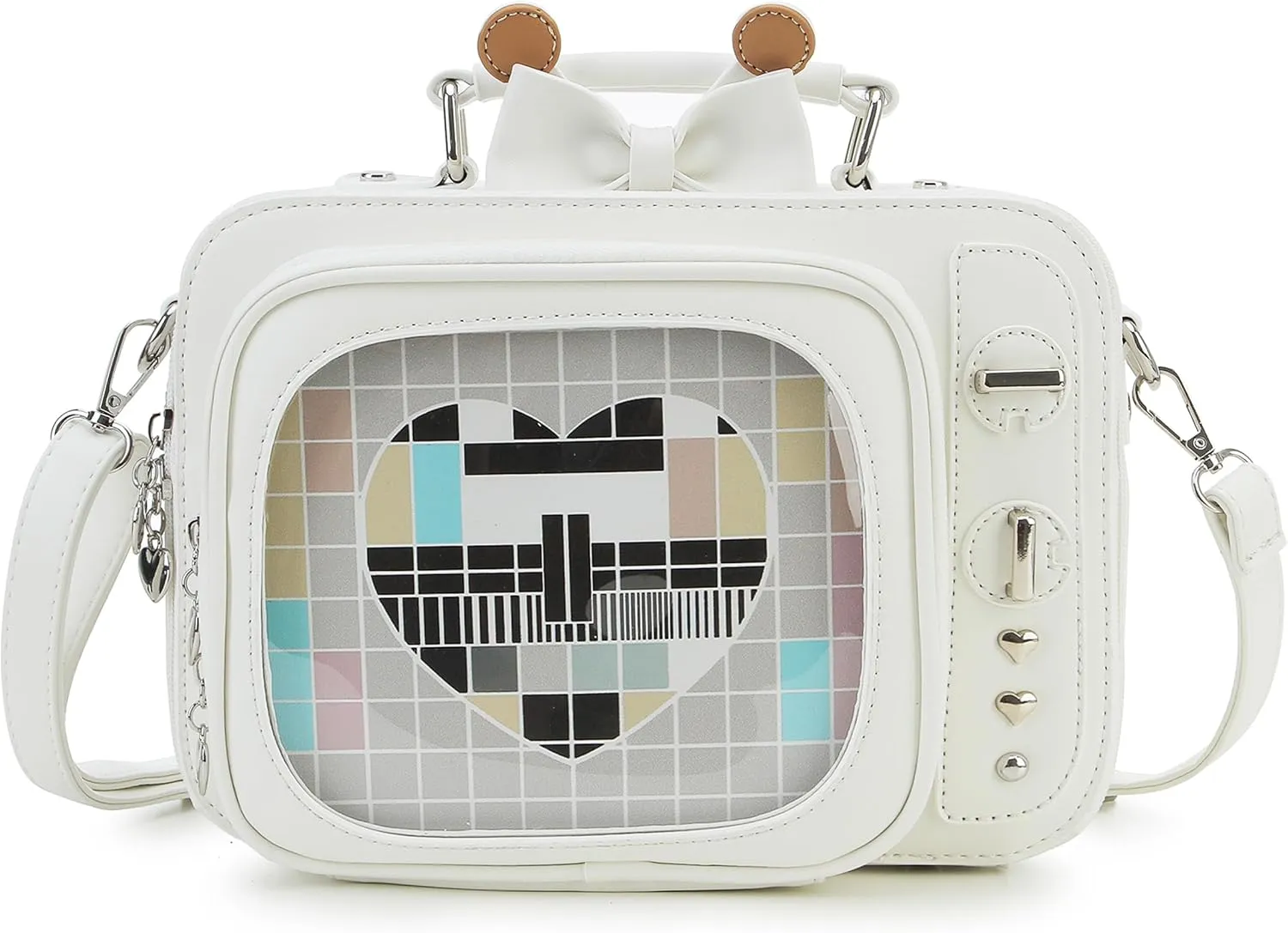 Novelty Women TV Shape Ita Bag Retro Television Shoulder Bag Design Ita Backpack with Inserts Unique female Clear Windows Anime Display for Pins Display(White)